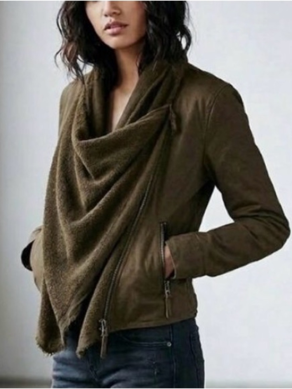 Free People Olive green Brown shawl Asymmetrical Zip coated fall biker Jacket 10